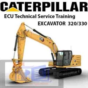 Caterpillar 320 and 330 Excavator ECU training materials, including manuals and tools, organized on a training table