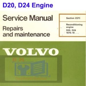 Volvo D20 and D24 engine service manual cover, featuring technical diagrams and maintenance instructions