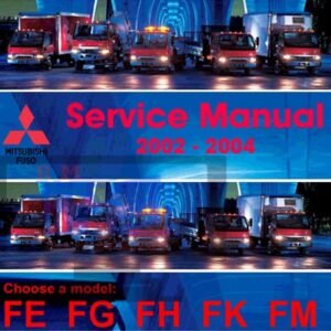 Service Repair Manual for Mitsubishi Fuso 2002-2004 models, displaying a truck image and repair instructions
