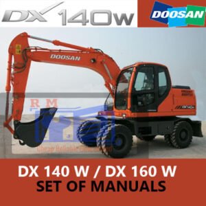 Manuals for Doosan DX140W and DX160W wheeled excavators, providing essential operational and maintenance information