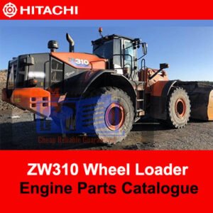 Detailed engine parts catalogue for Hitachi ZW310 Wheel Loader, featuring images and descriptions of various engine parts