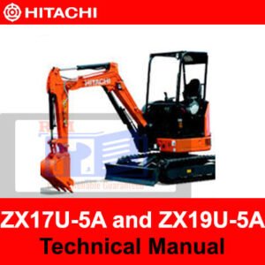 Technical manual cover for Hitachi ZX17U-5A and ZX19U-5A excavators, featuring detailed specifications and operational guidelines