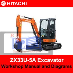 Hitachi ZX33U-5A Excavator workshop manual cover featuring diagrams and technical information for maintenance and repair