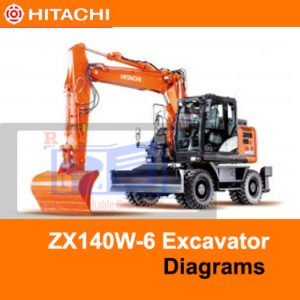 Diagrams illustrating the electrical and hydraulic systems of the Hitachi ZX140W-6 for maintenance and troubleshooting