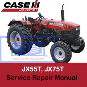 Service repair manual cover for Case JX55T and JX75T tractors, featuring technical illustrations and detailed instructions