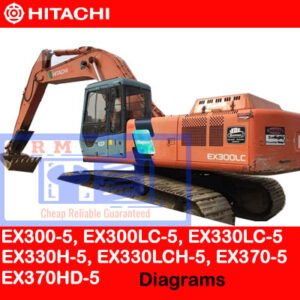 Technical diagrams showcasing Hitachi excavator models: EX300-5, EX300LC-5, EX330LC-5, EX330H-5, EX330LCH-5, EX370-5, EX370HD-5