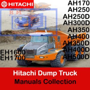 Hitachi dump truck manuals organized in a pile, featuring various covers and technical details
