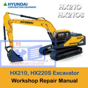 Workshop manual cover for Hyundai HX210 and HX220S excavators, detailing maintenance and repair instructions