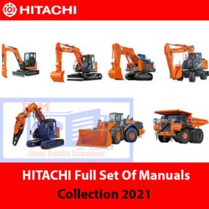 Set of Hitachi heavy machinery manuals arranged together, featuring detailed guides for operation and maintenance