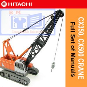 Comprehensive manuals for Hitachi Crane CX350 and CX500DR arranged neatly, highlighting operational and maintenance guidelines