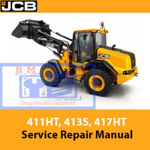 Service repair manual cover for JCB 411HT, 413S, and 417HT wheeled loaders, featuring technical illustrations and details