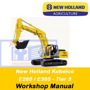 Workshop manual for New Holland E265 and E305 excavators, showcasing diagrams and maintenance guidelines