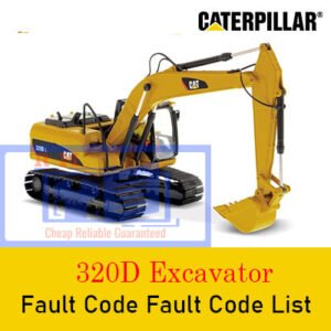Fault code list for Caterpillar 320D excavator on a monitor, featuring various diagnostic error codes and descriptions
