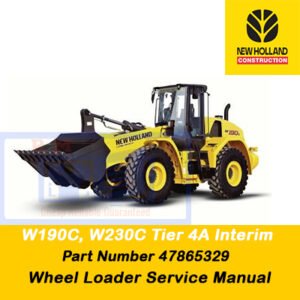 Service manual cover for New Holland W190C and W230C Wheel Loaders, featuring technical diagrams and maintenance guidelines