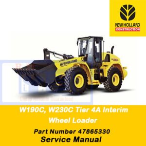 Service manual cover for New Holland W190C and W230C Wheel Loaders, featuring technical diagrams and maintenance guidelines