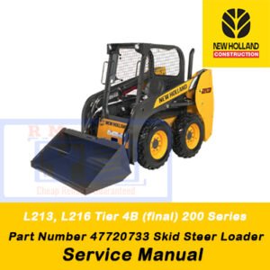 Service manual cover for New Holland L213 and L216 skid steer loaders, featuring technical diagrams and maintenance guidelines