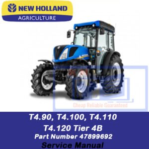 New Holland tractor service manual for models T4.90, T4.100, T4.110, and T4.120, detailing maintenance and repair instructions