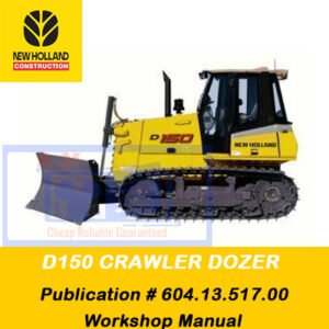 Workshop manual for New Holland D150 dozer, featuring the model name and illustrations for repair and maintenance