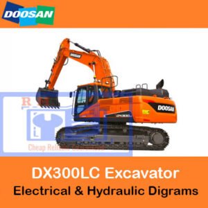 Diagrams illustrating the electrical and hydraulic systems of the Doosan DX300LC excavator for maintenance and troubleshooting