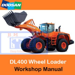 Doosan DL400 Wheel Loader Workshop Manual cover featuring the loader and technical illustrations for maintenance guidance