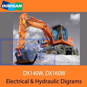 Electrical and hydraulic diagrams for the Doosan DX140W, detailing system components and connections