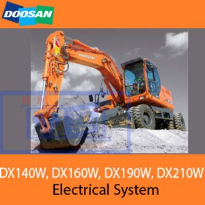Detailed view of the electrical systems in Doosan DX140W, DX160W, DX190W, and DX210W excavators, showcasing their design