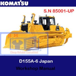 Komatsu D155A-6 bulldozer workshop manual cover featuring technical illustrations and specifications for maintenance