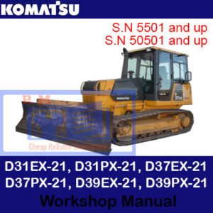 Workshop manual cover for Komatsu D31 and D37 series bulldozers, detailing models D31EX-21, D31PX-21, D37EX-21, D37PX-21
