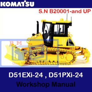 Workshop manual cover for Komatsu D51EXi-24 and D51PXi-24 bulldozers, featuring technical specifications and maintenance guidelines