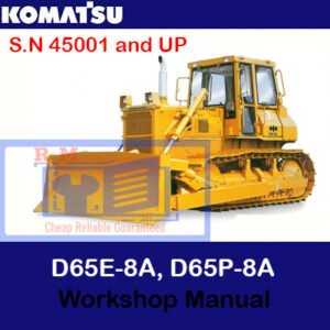 Workshop manual cover for Komatsu D65E-8A and D65P-8A bulldozers, featuring technical specifications and maintenance guidelines