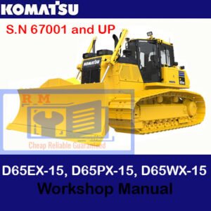 Komatsu D65EX-15, D65PX-15, and D65WX-15 bulldozer workshop manual cover, showcasing essential operational and service information