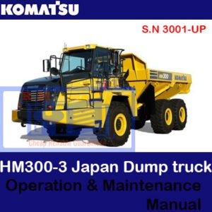 Komatsu HM300-3 dump truck operation and maintenance manual cover featuring the truck and technical illustrations