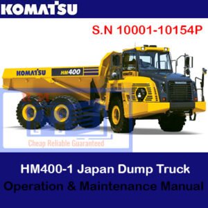 Komatsu HM400-5 dump truck manual cover displaying the vehicle and essential operational guidelines