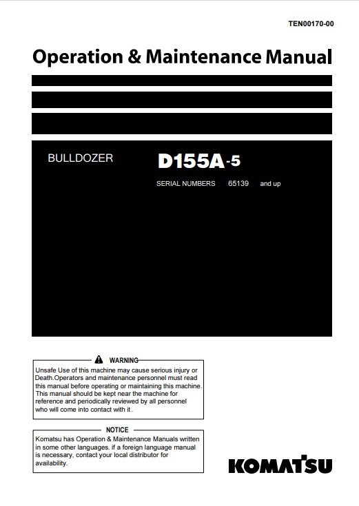 Komatsu D155A-5 Japan Bulldozer Operation and Maintenance Manual - Image 2