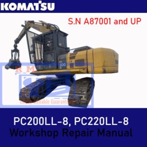 Workshop repair manual for Komatsu PC200LL-8 and PC220LL-8, featuring a cover with technical drawings and repair details