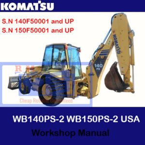 Komatsu WB140PS-2 and WB150PS-2 backhoe loader transmission manual cover, showcasing essential maintenance information