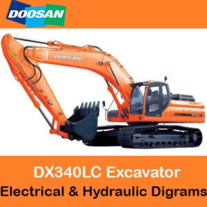 Diagrams illustrating the electrical and hydraulic systems of the Doosan DX340LC excavator for technical reference