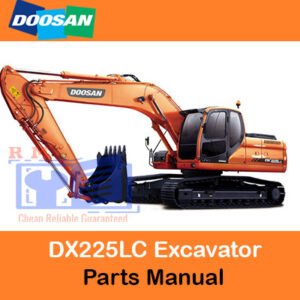Doosan DX225LC Excavator Parts Manual cover featuring detailed diagrams and parts listings for maintenance and repair