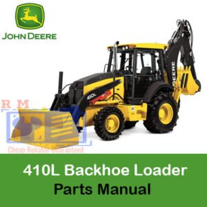 Parts catalog for John Deere 410L Backhoe Loader, featuring organized sections with images and specifications of each part