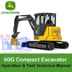 Technical manual cover for John Deere 50G Compact Excavator, detailing operation and testing procedures