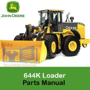 John Deere 644K Loader Parts Manual cover with the model name and visual representations of loader parts and components