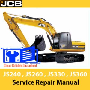 Service repair manual cover for JCB JS240, JS260, JS330, and JS360 excavators, featuring technical illustrations and details