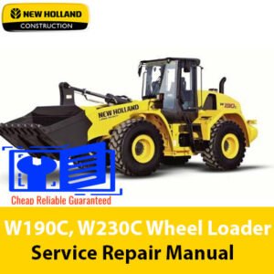 Service repair manual cover for New Holland W190C and W230C wheel loaders, featuring detailed maintenance instructions