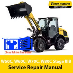 Comprehensive service manual for New Holland W50C, W60C, W70C, and W80C wheel loaders, covering various model specifications