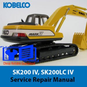 Service repair manual cover for Kobelco SK200 IV and SK200LC IV excavators, featuring technical illustrations and specifications
