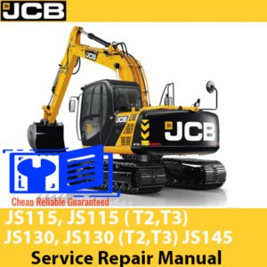 Service repair manual cover for JCB JS115, JS130, and JS145 models, featuring detailed maintenance instructions