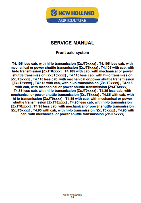 New Holland T4.85, T4.95, T4.105, T4.115 Tractor Service Repair Manual (Axle System) - Image 3