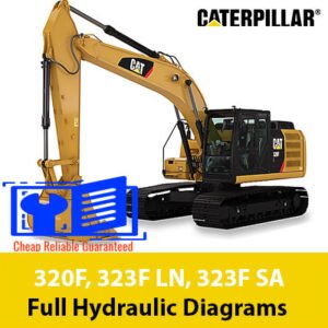 Detailed hydraulic diagrams for Caterpillar 320F, 323F LN, and 323F SA excavators, illustrating their hydraulic configurations