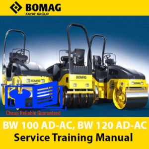 Service training manual for Bomag BW100 AD-AC and BW120 AD-AC road rollers, detailing maintenance and operation procedures