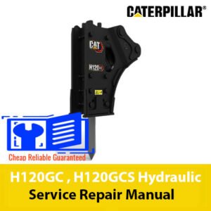 Service repair manual cover for Caterpillar H120GC and H120GCS hydraulic breakers, featuring technical illustrations and details.